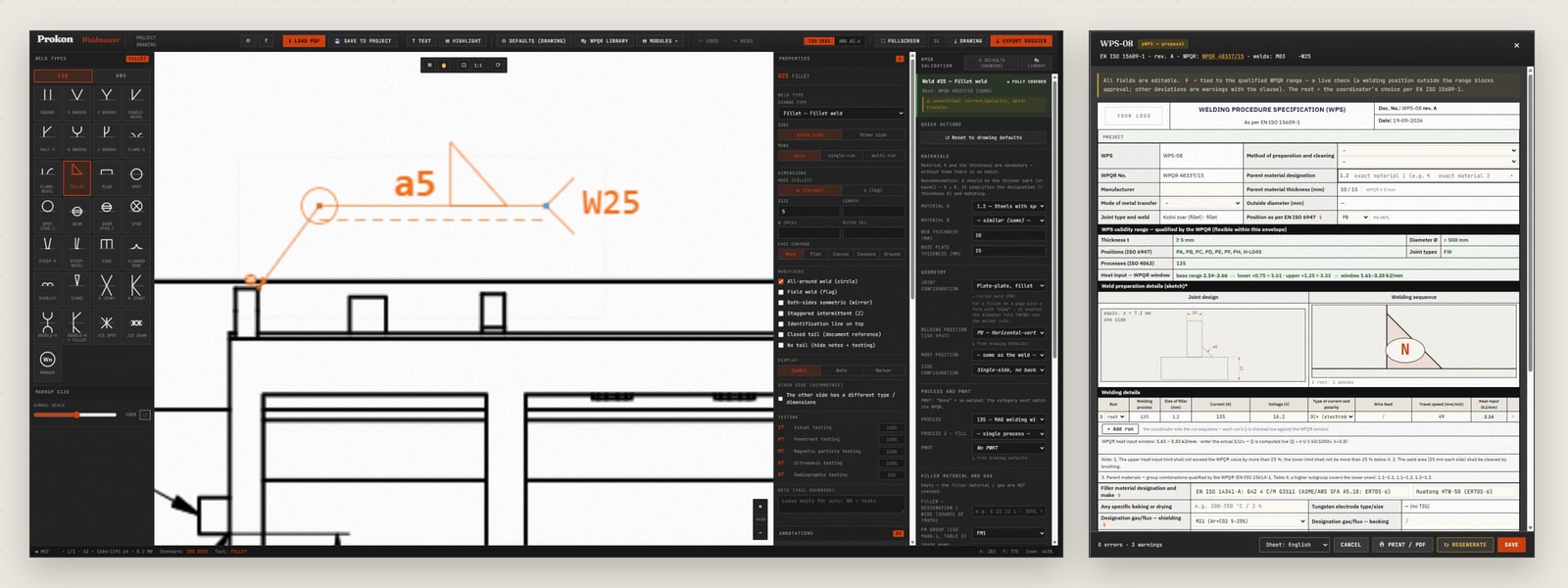 Weldmaster: weld W25 (fillet, a5) marked on a PDF drawing and WPS-08, filled in from the weld and the WPQR