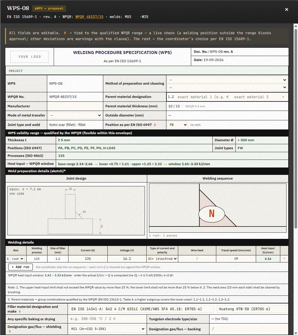WPS-08 to EN ISO 15609-1: joint sketch, validity range and heat-input window from the WPQR