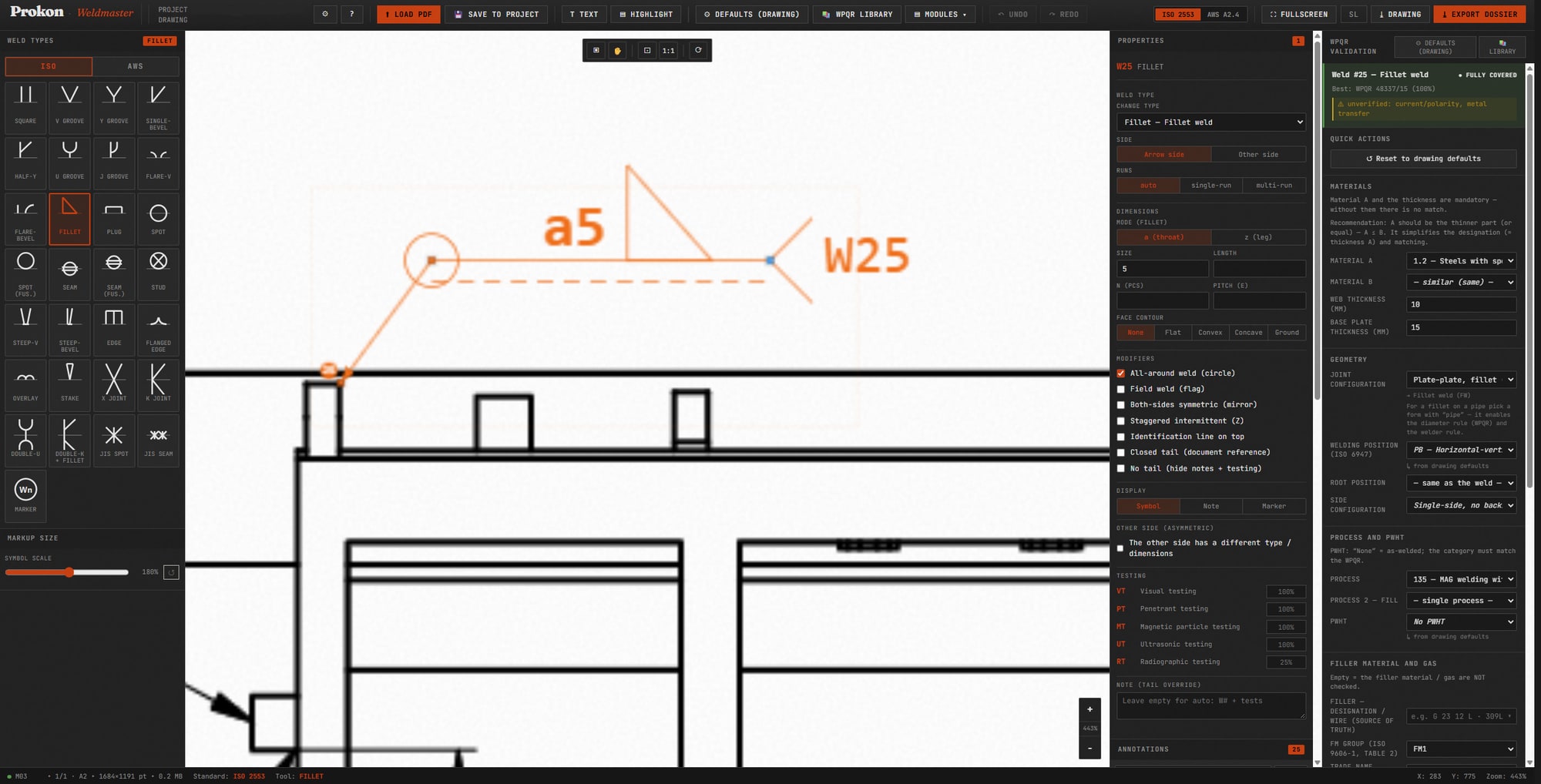 Weldmaster: weld W25, fillet a5 all around, marked with an ISO 2553 symbol on a PDF drawing