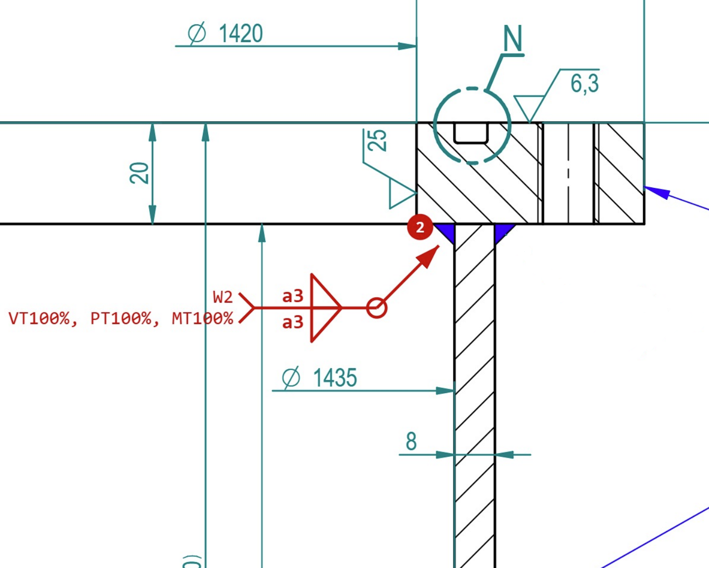 Weld annotation W2 on a technical drawing: a double-sided fillet weld a3 with an ISO 2553 symbol and the VT, PT, MT 100 % requirement in the symbol tail